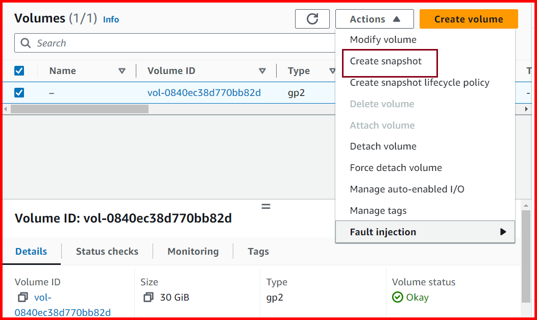 Picture showing the Create Snapshot option for creating a new snapshot